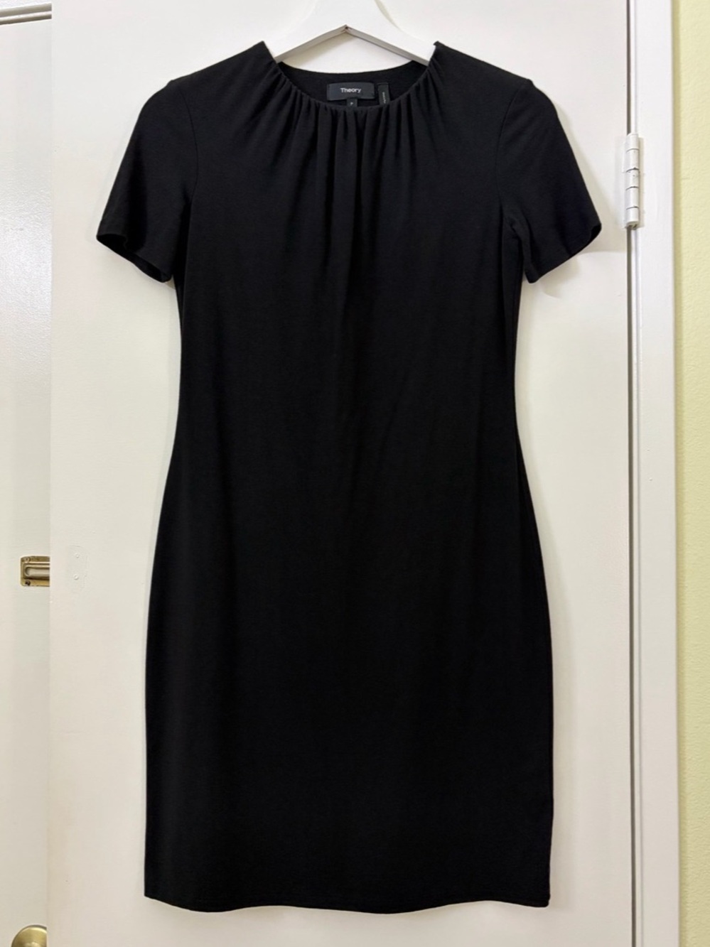 Theory Gathered Tee Dress P Black Stretch Pima Cotton Modal Ruched Neck Sheath